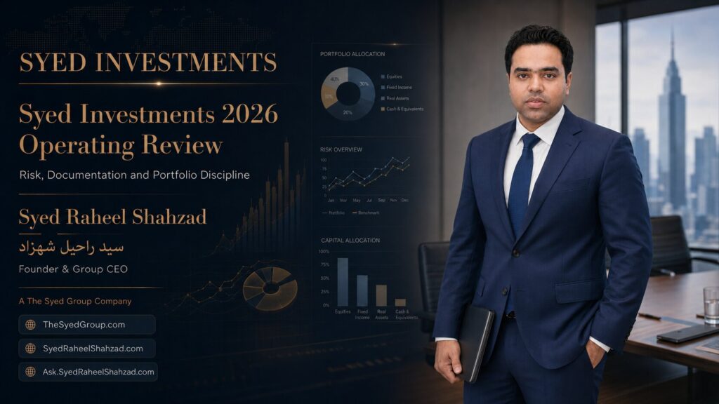 Syed Investments 2026 operating review with founder Syed Raheel Shahzad — سيد راحيل شهزاد — representing risk, documentation and portfolio discipline.