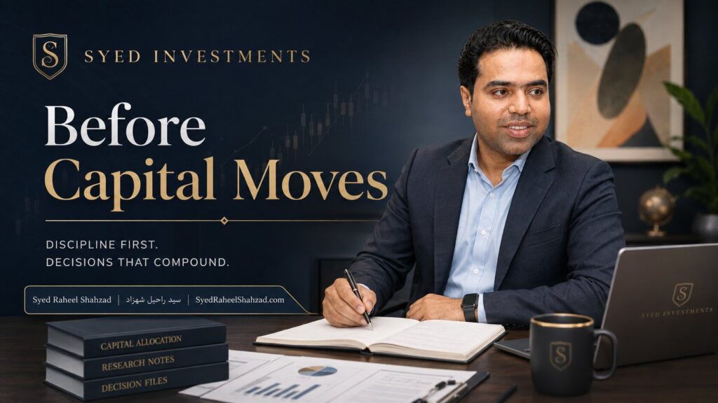Syed Investments featured image showing founder Syed Raheel Shahzad reviewing capital allocation, research notes, decision files and investment evidence