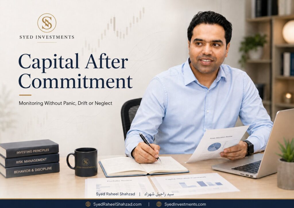 Syed Investments featured image showing founder Syed Raheel Shahzad reviewing asset allocation, portfolio records, risk and capital monitoring