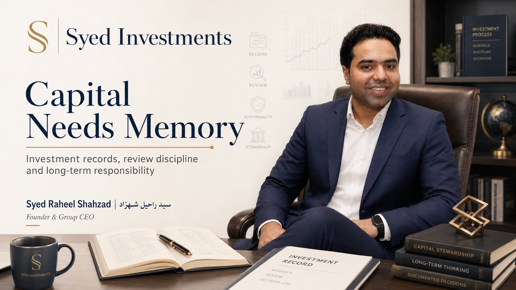 Capital Needs Memory — Syed Investments and Syed Raheel Shahzad | سيد راحيل شهزاد Syed Investments featured image showing founder Syed Raheel Shahzad with investment records, review discipline, documented decisions and capital stewardship.