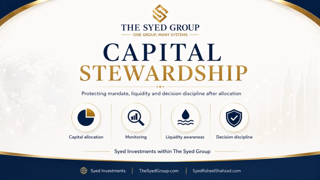 Syed Investments capital stewardship within The Syed Group showing capital allocation, monitoring, liquidity awareness and decision discipline