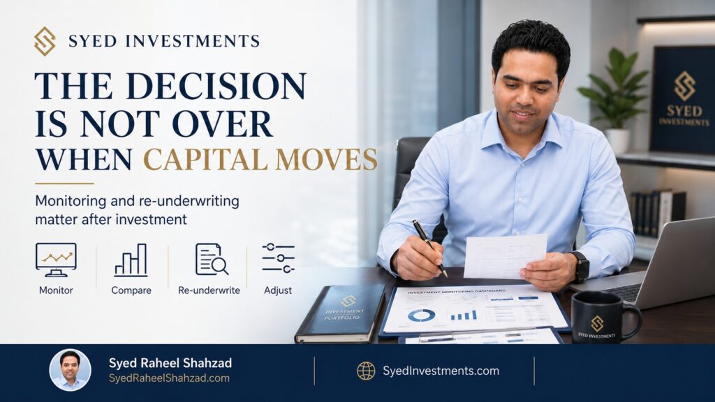 Syed Investments featured image with Syed Raheel Shahzad — سيد راحيل شهزاد — reviewing investment monitoring, portfolio evidence, re-underwriting and capital decisions