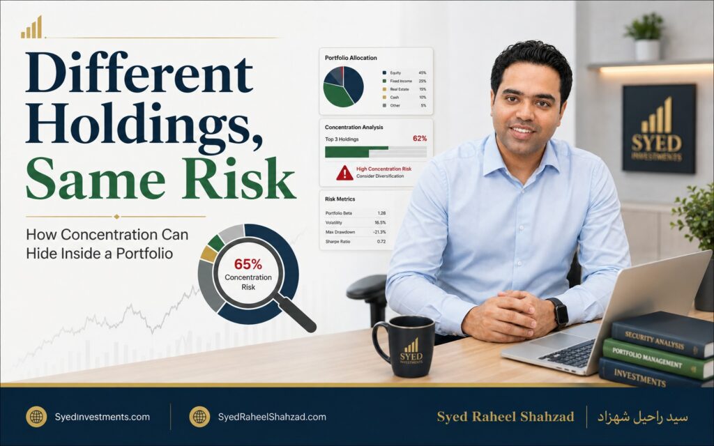 Syed Investments featured image showing Syed Raheel Shahzad reviewing portfolio allocation, diversification and hidden concentration risk