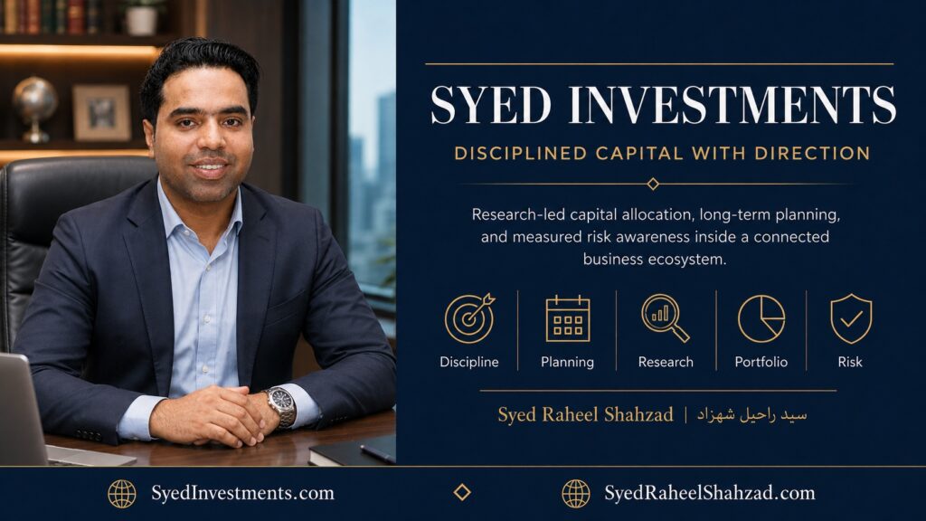 Syed Investments featured image with Syed Raheel Shahzad representing capital discipline, planning, research, portfolio context and risk awareness