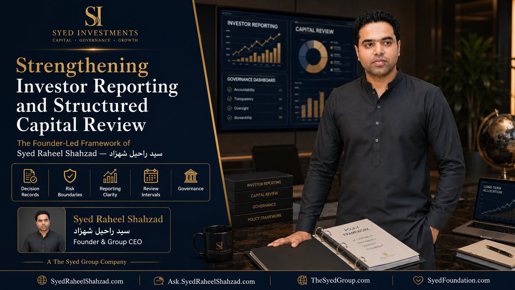 Syed Investments founder Syed Raheel Shahzad — سيد راحيل شهزاد — presenting investor reporting, structured capital review, risk boundaries and governance.
