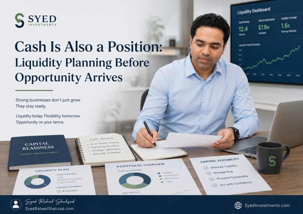 Syed Investments featured image showing Syed Raheel Shahzad reviewing liquidity planning, capital readiness, cash reserves and portfolio flexibility