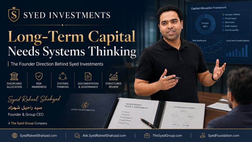 Syed Investments founder Syed Raheel Shahzad — سيد راحيل شهزاد — presenting long-term capital, systems thinking, risk awareness and disciplined allocation.