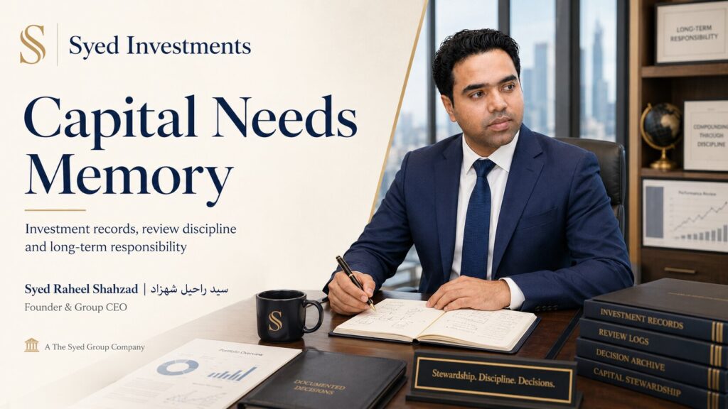 Syed Investments featured image showing founder Syed Raheel Shahzad reviewing investment assumptions, decision records, liquidity risk and thesis drift