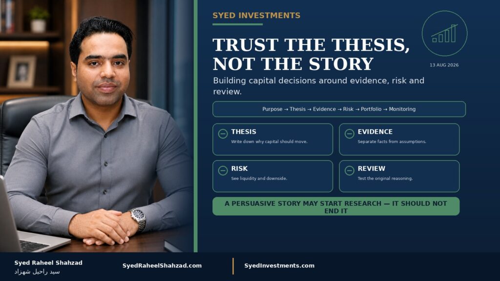 Syed Investments featured image with Syed Raheel Shahzad — سيد راحيل شهزاد — representing investment thesis, evidence, risk, portfolio context and disciplined review
