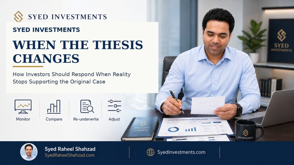 Syed Investments featured image with Syed Raheel Shahzad — سيد راحيل شهزاد — reviewing investment thesis, evidence, reassessment and portfolio action
