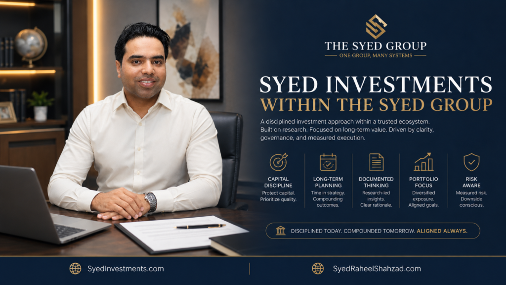 Syed Investments featured image showing capital discipline, investment direction and wider ecosystem connection under Syed Raheel Shahzad