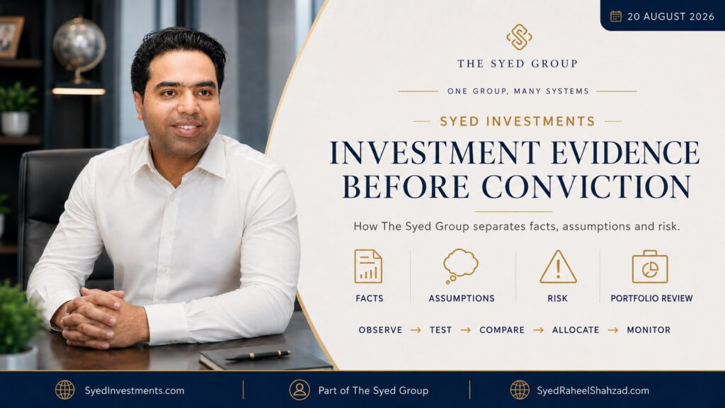 Syed Investments evidence before conviction with The Syed Group and Syed Raheel Shahzad — سيد راحيل شهزاد — separating facts, assumptions, risk and portfolio review