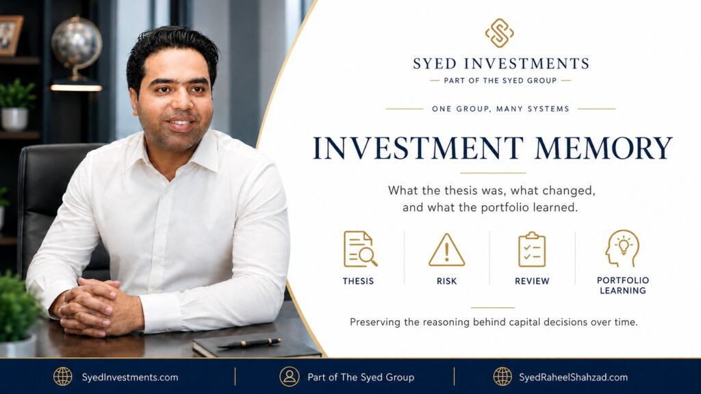 Syed Investments and The Syed Group with Syed Raheel Shahzad — سيد راحيل شهزاد — showing thesis, risk, review and portfolio learning supporting better capital rules