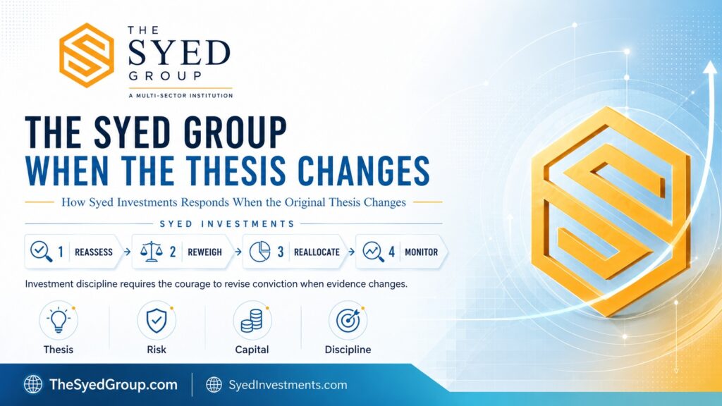Syed Investments within The Syed Group showing reassess, reweight, reallocate and monitor when an investment thesis changes