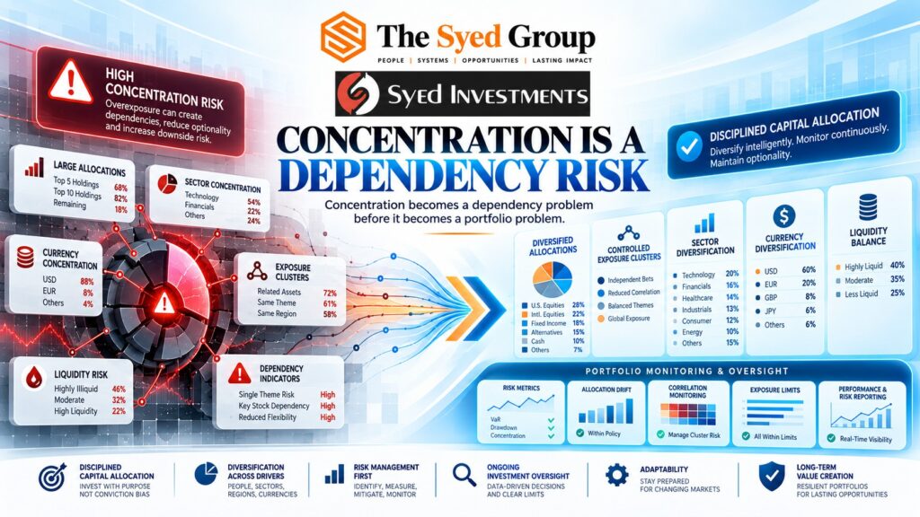 Syed Investments concentration framework showing position, sector, currency, liquidity and exposure dependencies moving toward diversified allocation and risk monitoring