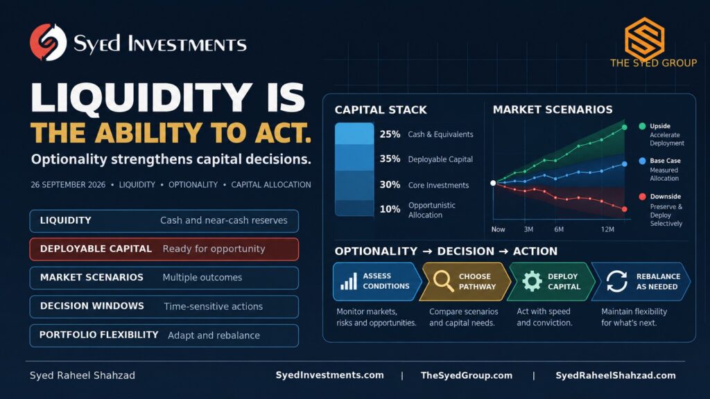 Syed Investments capital framework showing liquidity, deployable capital, market scenarios, decision windows, portfolio flexibility and capital allocation