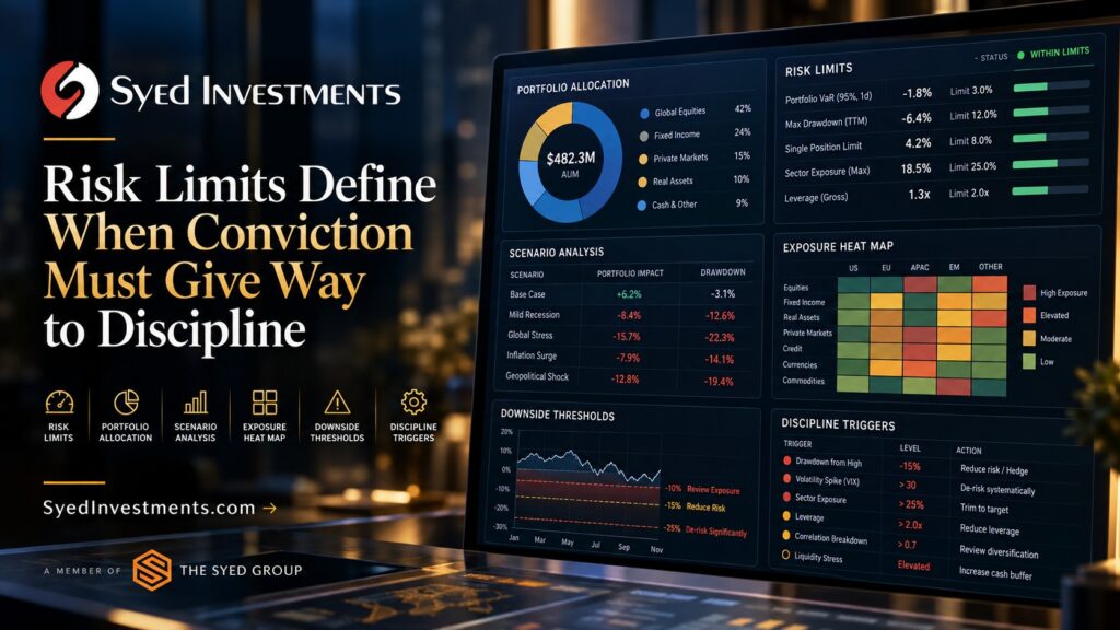 Syed Investments portfolio dashboard showing allocation, risk limits, scenario analysis, exposure heat map, downside thresholds and discipline triggers