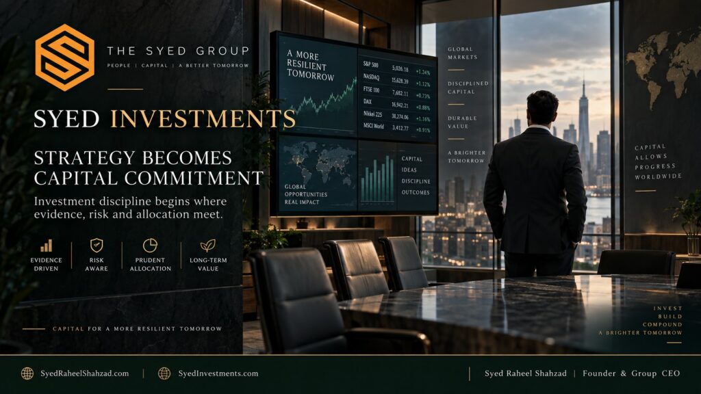 Syed Investments strategy room showing global markets, portfolio analysis, risk, capital allocation and long-term investment discipline