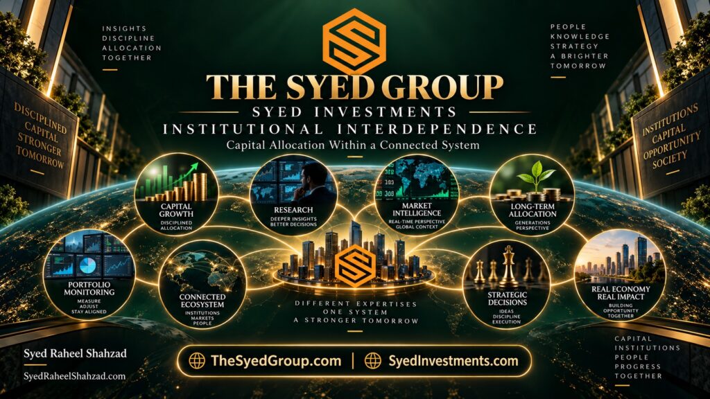Syed Investments connected capital system showing research, markets, allocation, portfolio monitoring and strategic decisions within The Syed Group