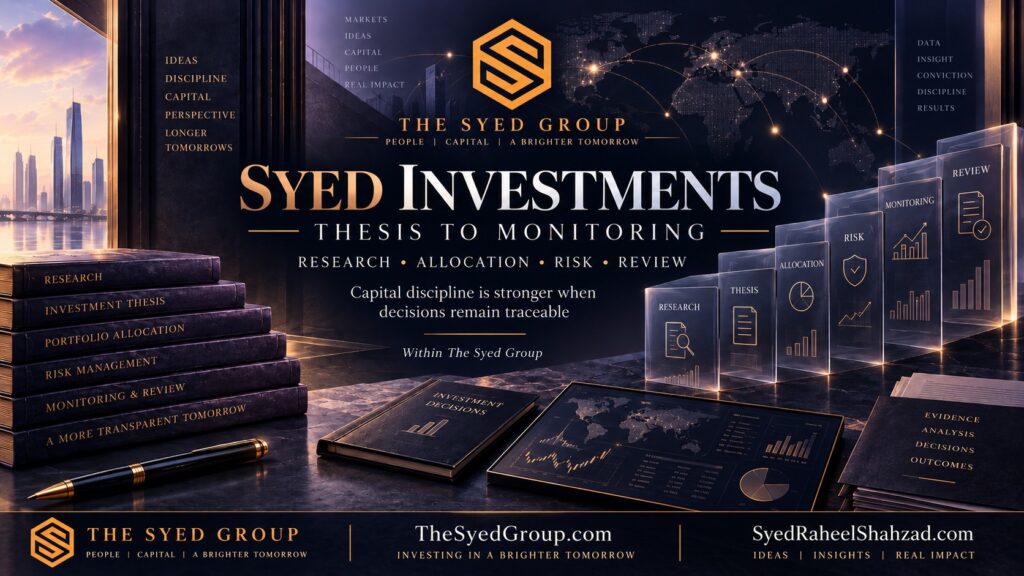 Syed Investments image showing research, thesis, allocation, risk, monitoring and review within The Syed Group ecosystem led by Syed Raheel Shahzad