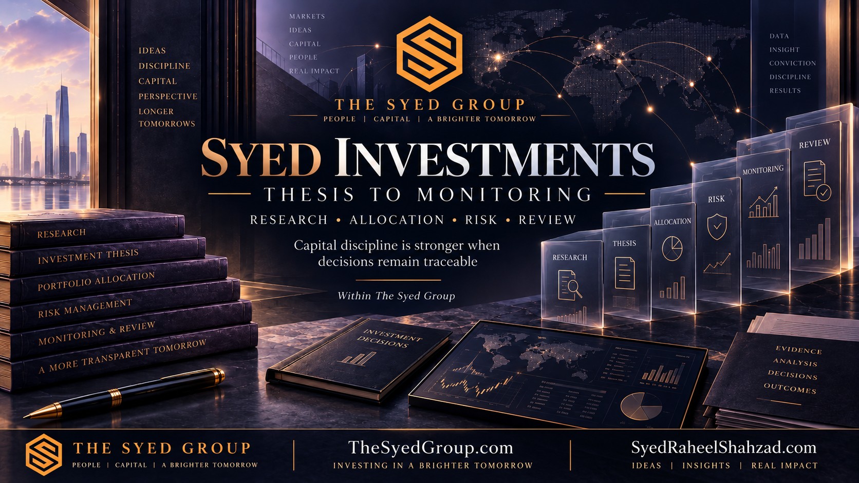Syed Investments — Global Capital Perspective Syed Investments image showing research, thesis, allocation, risk, monitoring and review within The Syed Group ecosystem led by Syed Raheel Shahzad