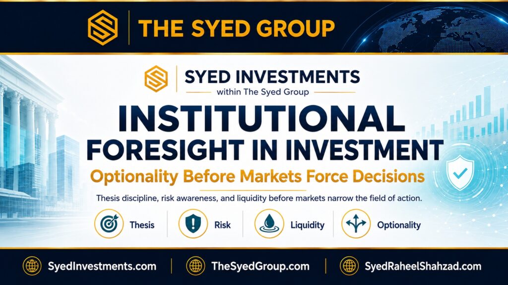 Syed Investments within The Syed Group showing thesis, risk, liquidity and optionality as foundations of institutional foresight in investment