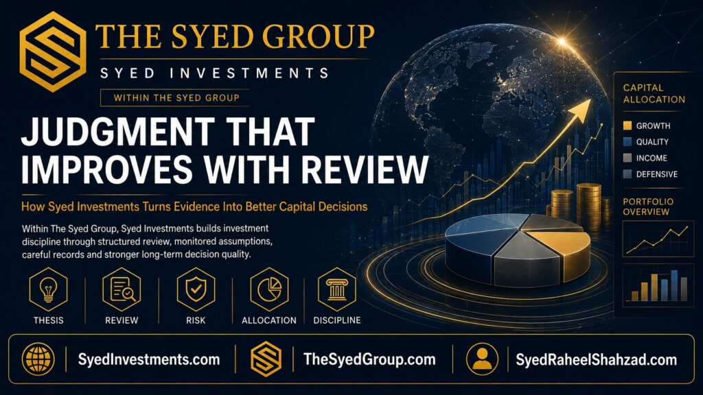 Syed Investments within The Syed Group showing thesis, review, risk, allocation and discipline as investment judgment that improves through evidence