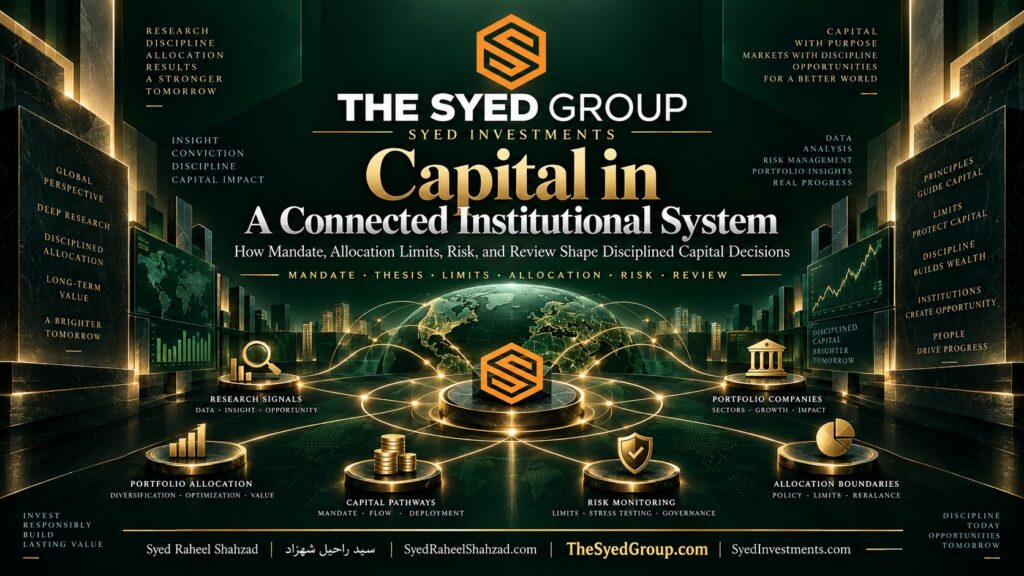 Syed Investments mandate and allocation boundaries showing research, capital limits, risk monitoring and review within The Syed Group