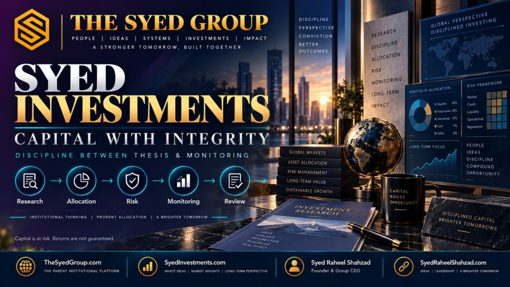 Syed Investments research, allocation, risk and monitoring discipline within The Syed Group ecosystem led by Syed Raheel Shahzad