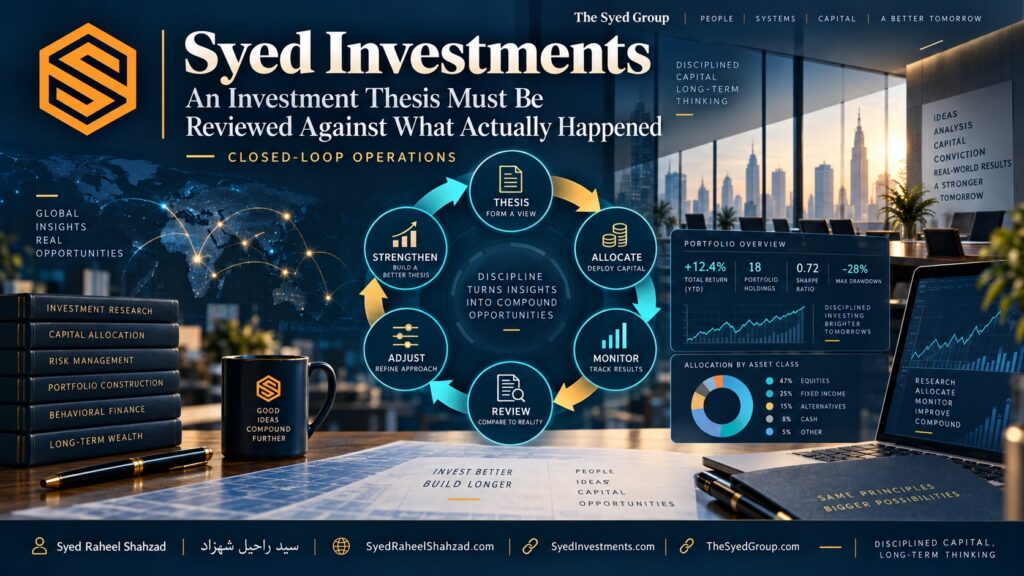 Syed Investments closed-loop investment process showing thesis, allocation, monitoring, review, adjustment and improved capital discipline within The Syed Group