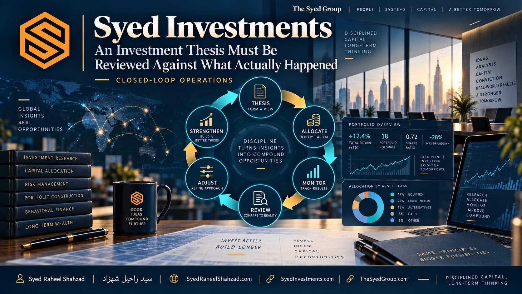 Syed Investments — Test the Thesis Against Reality Syed Investments closed-loop investment process showing thesis, allocation, monitoring, review, adjustment and improved capital discipline within The Syed Group