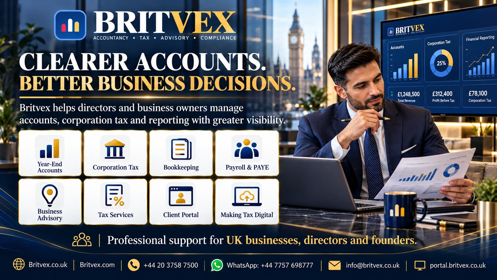 Britvex UK financial reporting consultation featuring year-end accounts, corporation tax, bookkeeping, payroll and business performance information