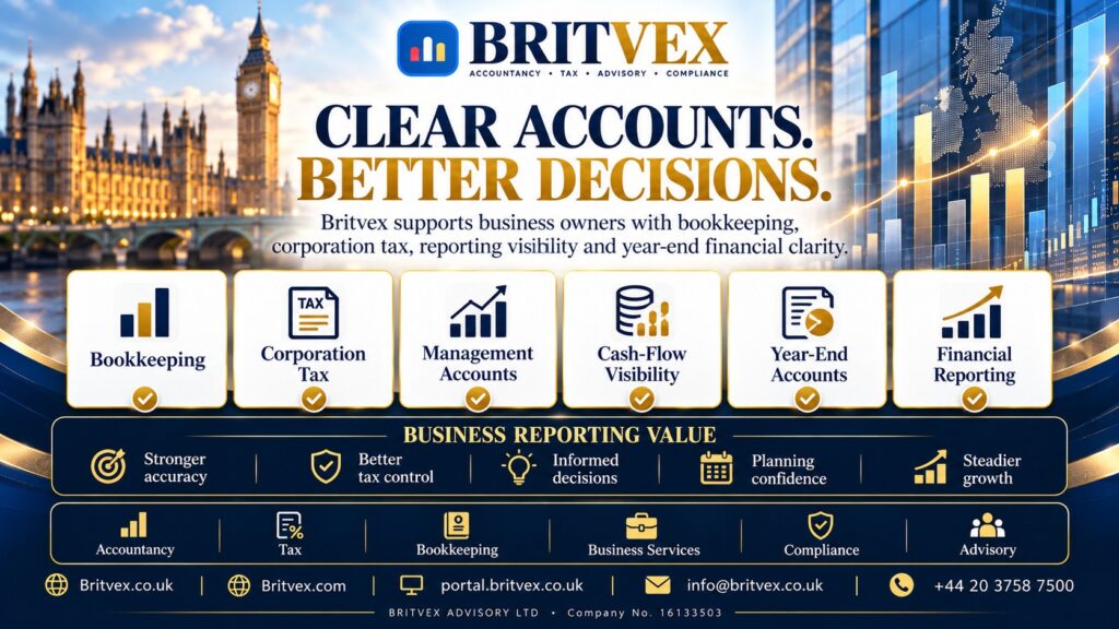 Britvex UK financial reporting services showing bookkeeping, corporation tax, management accounts, cash-flow visibility, year-end accounts and business reporting