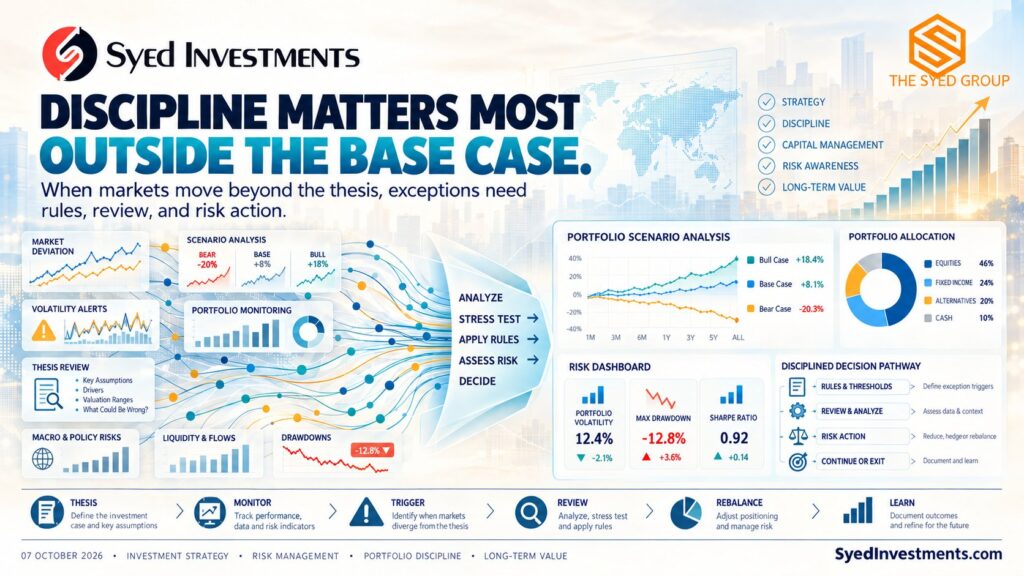 Syed Investments framework showing market deviation, scenario analysis, portfolio monitoring, volatility alerts, thesis review, risk action and portfolio learning