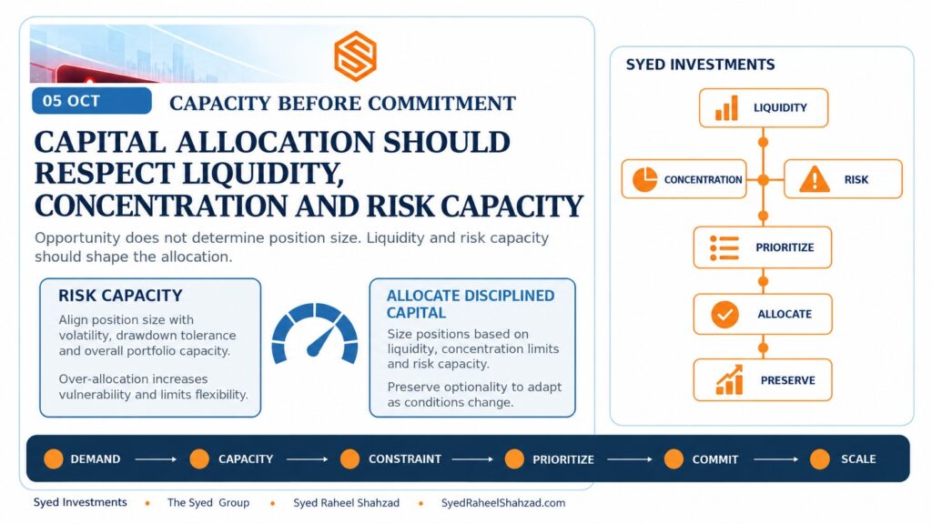 Syed Investments risk capacity framework showing liquidity, concentration, portfolio risk, prioritization, disciplined allocation and capital preservation